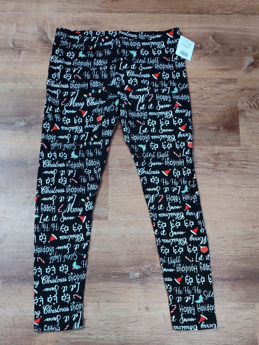 Woman's Christmas Script Print Leggings - Black/Red